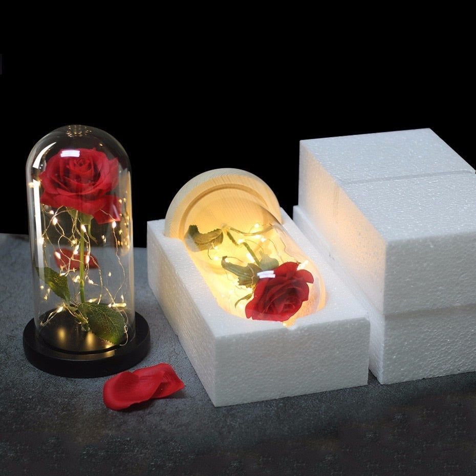 Beauty And Beast Rose In Flask Led Glass Dome