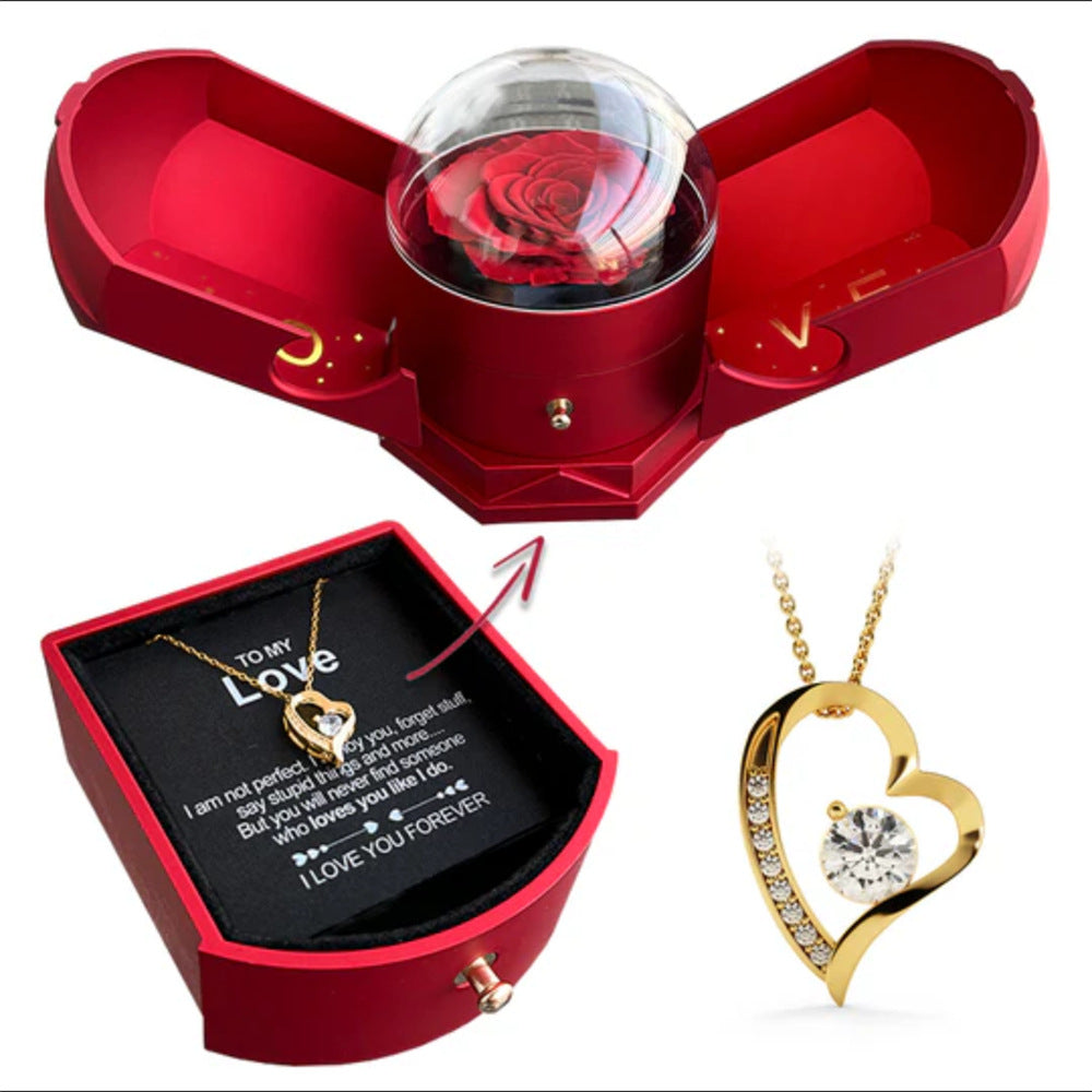 Double Open Rose Jewelry Box w/Necklace Gift