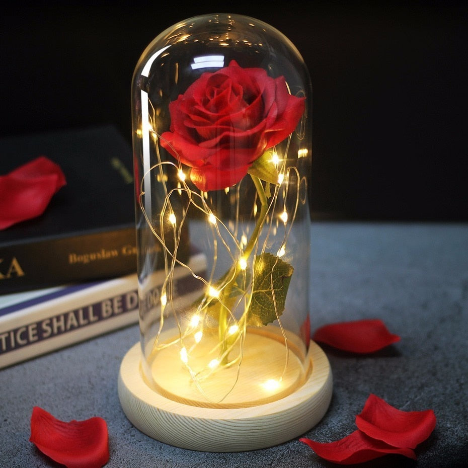 Beauty And Beast Rose In Flask Led Glass Dome