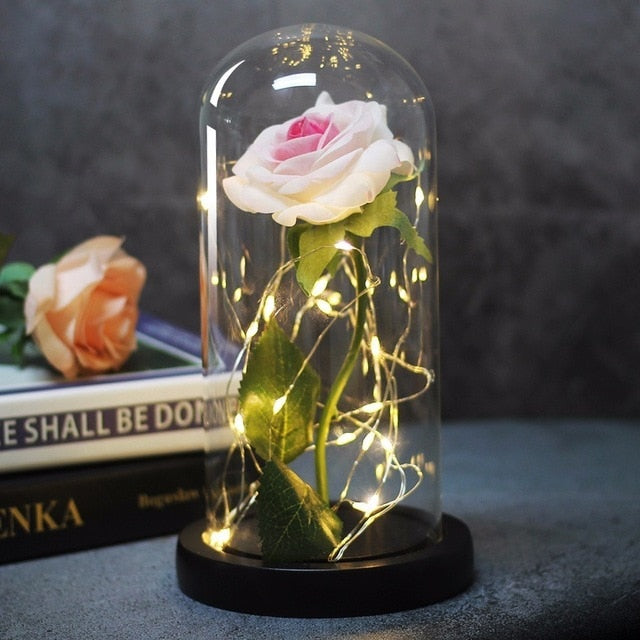 Beauty And Beast Rose In Flask Led Glass Dome