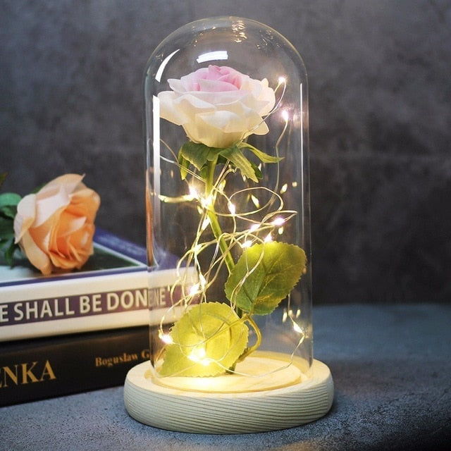 Beauty And Beast Rose In Flask Led Glass Dome