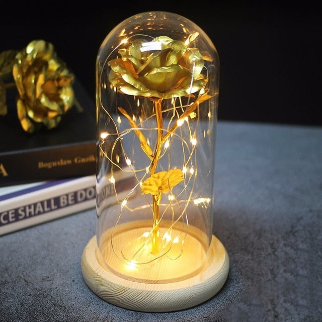 Beauty And Beast Rose In Flask Led Glass Dome