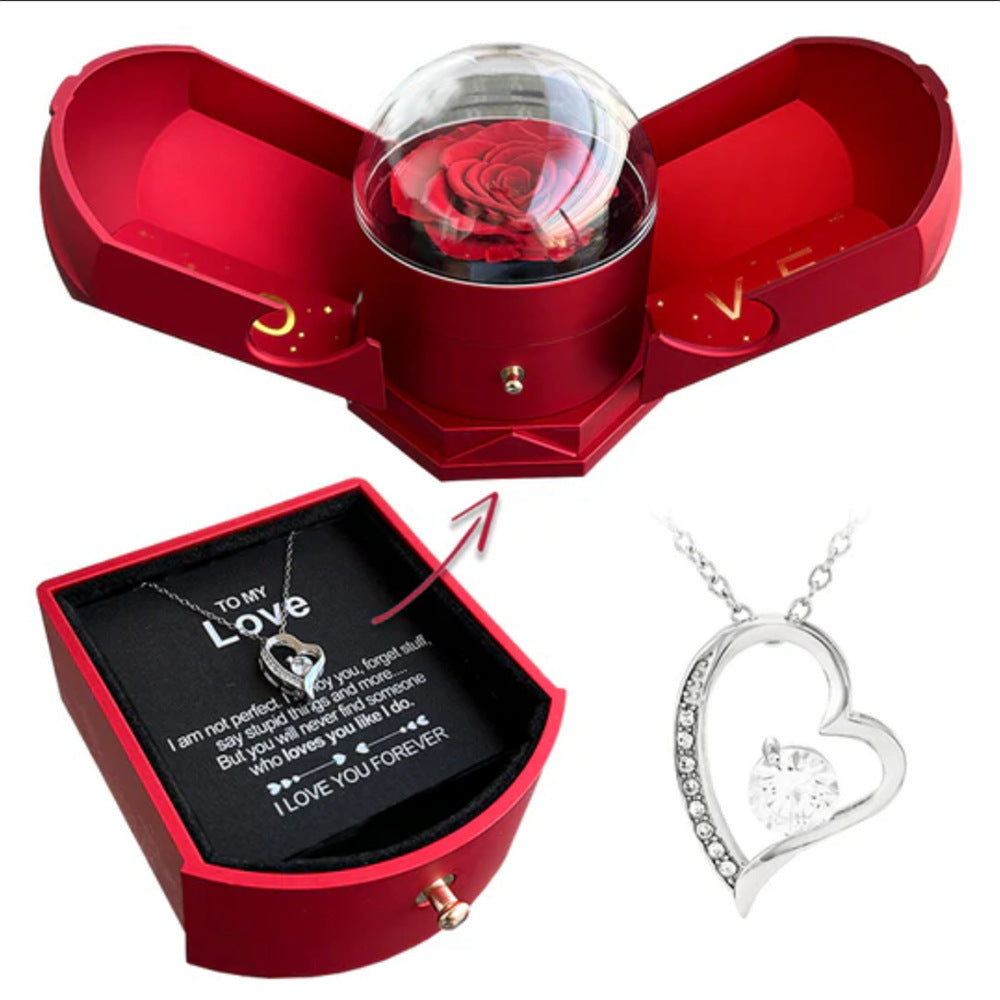 Double Open Rose Jewelry Box w/Necklace Gift