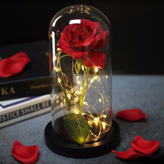 Beauty And Beast Rose In Flask Led Glass Dome