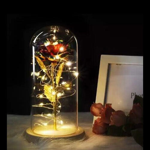 Beauty And Beast Rose In Flask Led Glass Dome