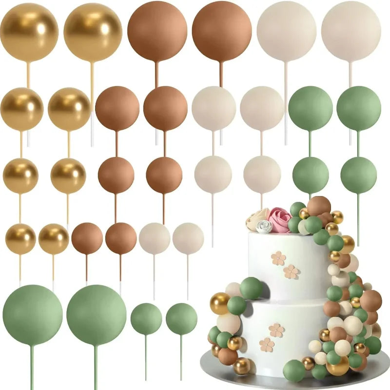 Cake Topper Foam Balls (32pcs) - Sage Green/Brown/Gold