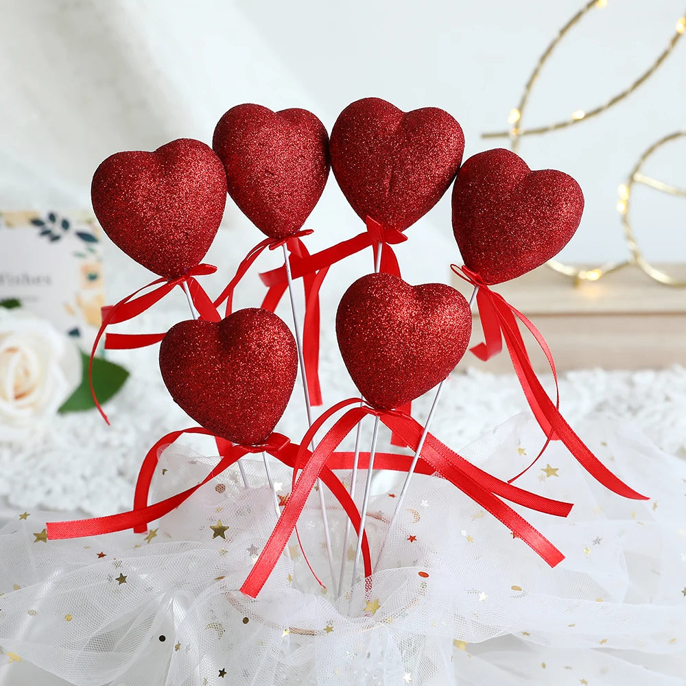 Glitter Foam Red Heart Bouquet Sticks (6/12Pcs)