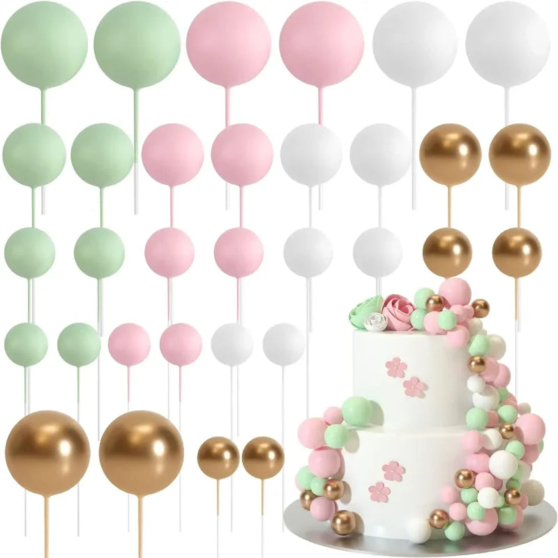 Cake Topper Foam Balls (32pcs) - Sage Green/Brown/Gold