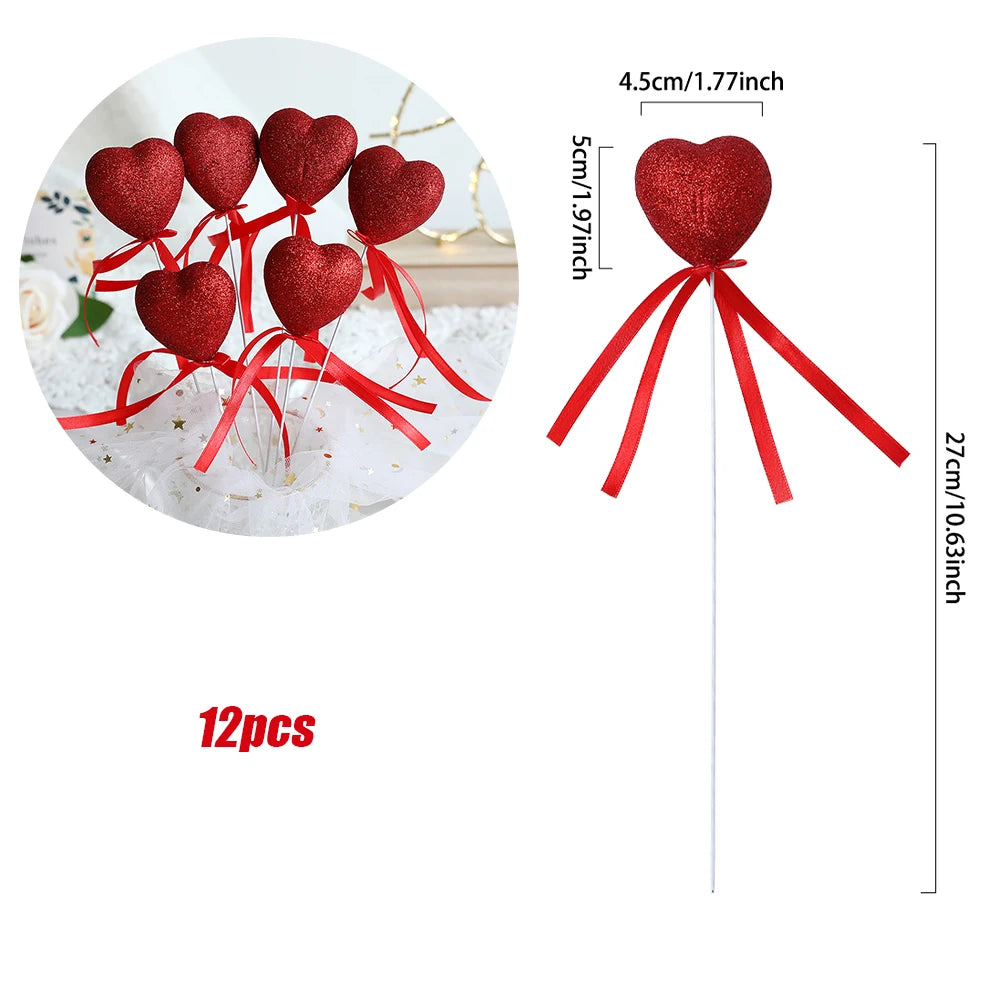 Glitter Foam Red Heart Bouquet Sticks (6/12Pcs)