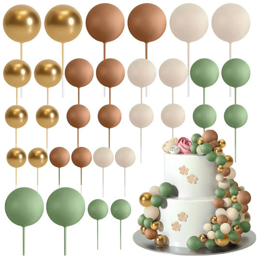 Cake Topper Foam Balls (32pcs) - Sage Green/Brown/Gold