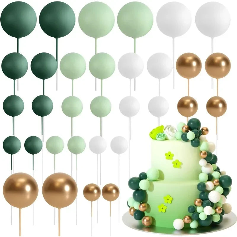 Cake Topper Foam Balls (32pcs) - Sage Green/Brown/Gold