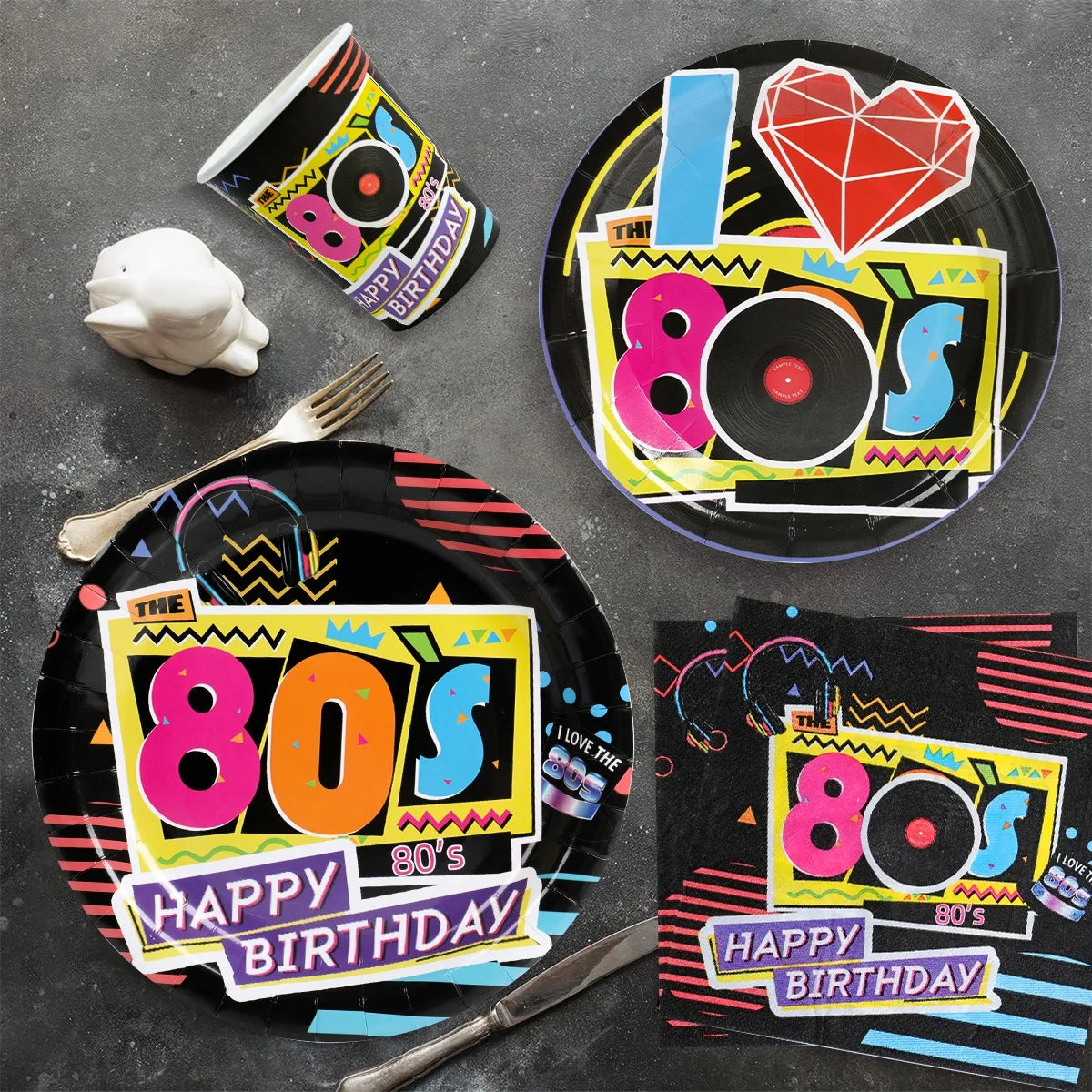 80s Theme Birthday Tableware,Plate, Napkins, Tablecloth Party Supplies